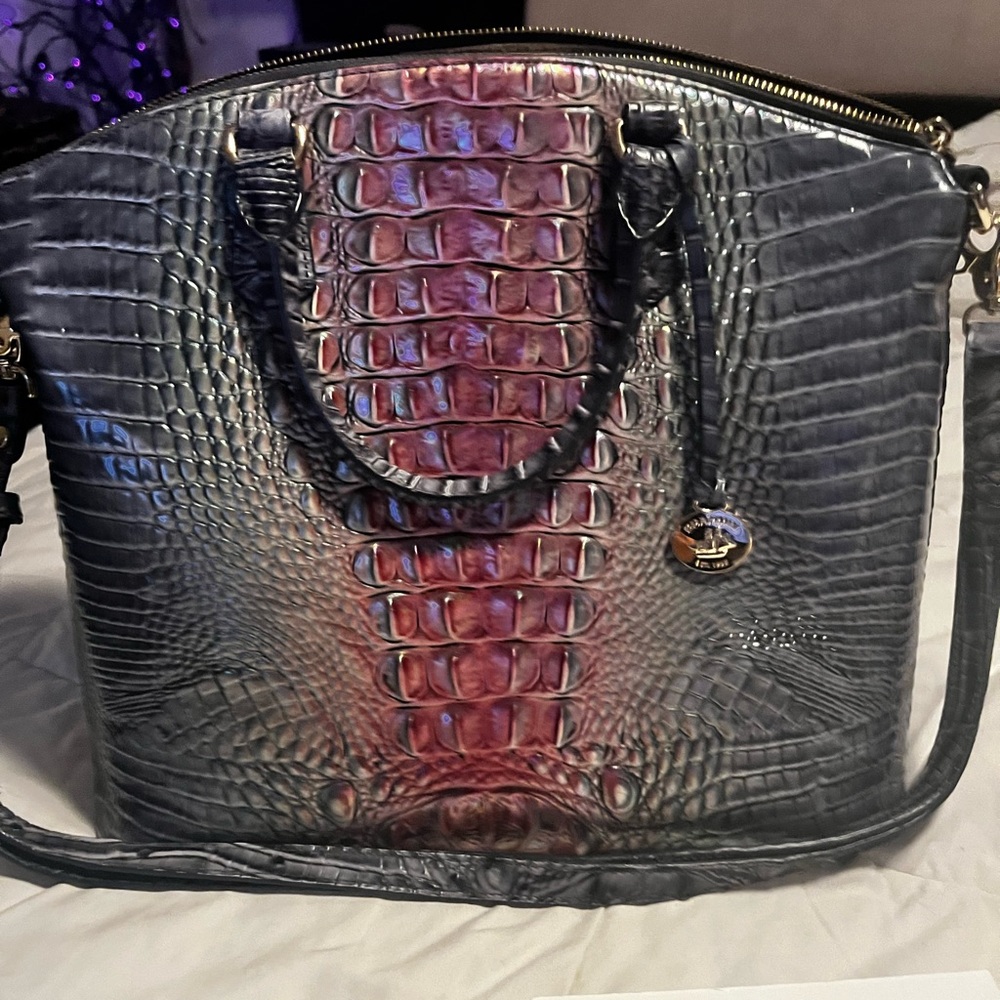 Brahmin Croc-Embossed Leather Satchel in Black with Red Accent